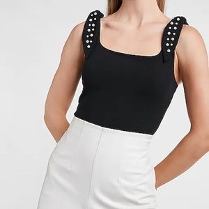🆕NWT EXPRESS square neck pearl shoulder tie bows black bodysuit E15